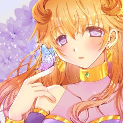 Rule 34 | 1girl, artist name, artist request, blue butterfly, blush, bracelet, breasts, brown hair, bug, butterfly, butterfly (love live!), butterfly on hand, choker, cleavage, close-up, clothing cutout, collarbone, cropped shirt, crown, detached sleeves, double bun, dress, dress shirt, earrings, female focus, gold bracelet, hair between eyes, hair bun, hair rings, harem outfit, highres, insect, jewelry, konoe kanata, long hair, looking at viewer, love live!, love live! nijigasaki high school idol club, love live! school idol festival, navel, parted lips, puffy short sleeves, puffy sleeves, purple eyes, purple shirt, shirt, short sleeves, shorts, shoulder cutout, smile, solo, two side up, upper body, yellow bracelet, yellow choker