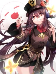 Rule 34 | 1girl, absurdres, black hat, black nails, black shorts, brown hair, claw pose, collared coat, cowboy shot, flower, flower-shaped pupils, genshin impact, ghost, gradient hair, grin, hair between eyes, hands up, happy, hat, hat flower, highres, hu tao (genshin impact), jewelry, leaning forward, long hair, long sleeves, looking at viewer, m.tokotsu, multicolored hair, multiple rings, nail polish, plum blossoms, porkpie hat, red eyes, red flower, red hair, ring, short shorts, shorts, smile, solo, symbol-shaped pupils, thumb ring, twintails, two-tone hair, very long hair, wide sleeves