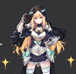 Rule 34 | &gt;:(, 1girl, armor, armored boots, blonde hair, boots, collarbone, commentary request, cross, cross necklace, faulds, frown, garter straps, gauntlets, grey background, hand on own hip, highres, jewelry, kiwoseo meogneundas, korean commentary, long hair, necklace, nun, original, solo, sword, thighhighs, thorns, vambraces, veil, weapon, yellow eyes