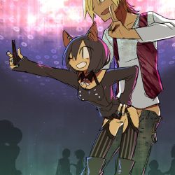 Rule 34 | 1boy, 1girl, animal ears, bottomless, cat ears, cellphone, doggystyle, garter straps, grin, hetero, highres, leaning forward, multitasking, nightclub, one eye closed, ootorii bisetsu, open mouth, original, party, phone, pubic hair, public indecency, selfie, sex, sex from behind, smile, standing, v