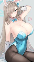 Rule 34 | 1girl, absurdres, animal ears, asuna (blue archive), asuna (bunny) (blue archive), bare shoulders, blue archive, blue leotard, blush, bow, bowtie, breasts, cleavage, fake animal ears, gloves, grin, hair over one eye, highres, large breasts, leotard, light brown hair, long hair, looking at viewer, mobu, mole, mole on breast, pantyhose, playboy bunny, resolution mismatch, smile, solo, source smaller, strapless, strapless leotard, thighs, traditional bowtie, white gloves