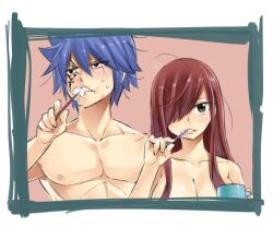 Rule 34 | 1boy, 1girl, bare shoulders, blue hair, blush, breasts, brown eyes, brushing teeth, cleavage, couple, cup, embarrassed, erza scarlet, facial mark, fairy tail, hair between eyes, hair over one eye, hetero, holding, holding cup, holding toothbrush, jellal fernandes, large breasts, long hair, mashima hiro, messy hair, nude, pink background, red hair, shiny skin, short hair, spiked hair, sweat, tattoo, teeth, toothbrush, toothbrush in mouth, topless, topless male