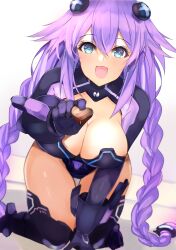 Rule 34 | 1girl, absurdres, bimmy, blue eyes, blush, braid, breasts, candy, chocolate, chocolate heart, cleavage, food, gloves, hair between eyes, hair ornament, happy, heart, highres, large breasts, long hair, neptune (series), open mouth, power symbol, power symbol-shaped pupils, purple hair, purple heart (neptunia), smile, solo, symbol-shaped pupils, twin braids, twintails, valentine, white background
