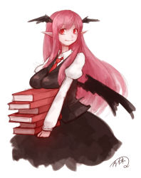 Rule 34 | 1girl, book, book stack, breast rest, breasts, carrying, cowboy shot, demon girl, demon wings, head wings, holding, holding book, hoshibuchi, juliet sleeves, koakuma, large breasts, long hair, long sleeves, looking at viewer, necktie, pointy ears, puffy sleeves, red eyes, red hair, shirt, skirt, skirt set, solo, touhou, very long hair, vest, wings