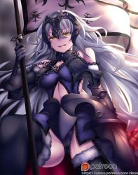 Rule 34 | 1girl, armor, bare shoulders, black gloves, black thighhighs, breasts, chain, elbow gloves, fate/grand order, fate (series), fi-san, flag, fur trim, gauntlets, gloves, helmet, highres, jeanne d&#039;arc (fate), jeanne d&#039;arc alter (avenger) (fate), jeanne d&#039;arc alter (avenger) (third ascension) (fate), jeanne d&#039;arc alter (fate), long hair, looking at viewer, ruler (fate/grand order), silver hair, smile, solo, teeth, thighhighs, yellow eyes