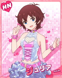 Rule 34 | 10s, 1girl, blue eyes, bracelet, brown hair, character name, choker, cleavage cutout, clothing cutout, heart, heart cutout, idolmaster, idolmaster million live!, jewelry, julia (idolmaster), looking at viewer, million dreams (idolmaster), official art, pink background, short hair, skirt, smile