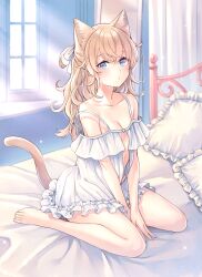 Rule 34 | 1girl, animal ears, barefoot, bed, between legs, blonde hair, blue eyes, blush, bow, breasts, cat ears, cat tail, chemise, cleavage, collarbone, e (eokiba), hair bow, hand between legs, highres, long hair, messy hair, o3o, on bed, original, pillow, sitting, small breasts, solo, spaghetti strap, strap slip, tail, toenails, toes, wariza, white bow, window