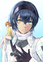 1boy 1girl bare_shoulders barefoot black_gloves black_hairband blue_background blue_eyes blue_hair buttons commentary_request dark-skinned_male dark_skin erimiyaman fairy fairy_wings gallica_(metaphor:_refantazio) gloves grey_hairband hair_between_eyes hair_over_one_eye hairband hand_on_own_chest heterochromia highres jacket long_sleeves looking_at_viewer metaphor:_refantazio mini_person minigirl on_shoulder one_eye_covered orange_hair pointy_ears protagonist_(metaphor:_refantazio) short_hair simple_background sitting size_difference sleeveless smile white_jacket wings yellow_eyes