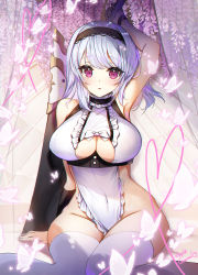 Rule 34 | 1girl, absurdres, apple caramel, apron, azur lane, blush, breasts, covered navel, dido (azur lane), flower, hair between eyes, hairband, heart, highres, knees together feet apart, large breasts, looking at viewer, naked apron, no panties, open mouth, purple eyes, silver hair, simple background, solo, thighhighs, white apron, white thighhighs