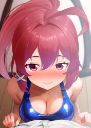 1boy 1girl ahoge blue_one-piece_swimsuit blush breasts dorachan_r from_above hair_ribbon highres i-168_(kancolle) kantai_collection large_breasts long_hair nose_blush one-piece_swimsuit ponytail pov red_eyes red_hair ribbon school_swimsuit short_sleeves smile solo_focus swimsuit