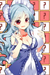 Rule 34 | 1girl, ?, aqua hair, bad id, bad pixiv id, bonnet, breasts, cleavage, crescent nazo, dress, fang, frills, gathers, hairband, long hair, lowres, markings, official art, open mouth, paper, red eyes, roh nam kyung, solo, sword girls, tears