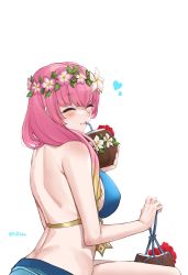Rule 34 | 1girl, absurdres, back, bare back, bare shoulders, bikini, blonde hair, blue bikini, blush, breasts, coconut, commentary, drink, drinking, drinking straw, english commentary, closed eyes, fire emblem, fire emblem heroes, flower, fruit cup, gunnthra (fire emblem), hair flower, hair ornament, head wreath, heart, highres, large breasts, looking at viewer, looking back, multicolored hair, nintendo, official alternate costume, pink hair, ritence, shoulder blades, simple background, smile, solo, swimsuit, twitter username, white background