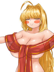 Rule 34 | 1girl, ahoge, blonde hair, blush, breasts, closed eyes, covered navel, fate/extella, fate/extra, fate/grand order, fate (series), hair intakes, highres, large breasts, long hair, naked ribbon, nero claudius (fate), nero claudius (fate) (all), nero claudius (fate/extra), outstretched arms, ribbon, see-through, smile, steamingtofu