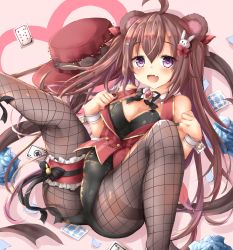 Rule 34 | 1girl, absurdres, animal ears, azur lane, bear ears, breasts, brown hair, card, cleavage, commentary request, fang, fishnet pantyhose, fishnets, hair ornament, hat, highres, long hair, open mouth, pantyhose, purple eyes, shiraishi mamim, simple background, small breasts, solo, spread legs, yamakaze (azur lane)