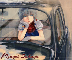 Rule 34 | 1girl, braid, car, character doll, character name, cigarette, cigarette pack, facing viewer, gan ma, gleam, gloves, head rest, izayoi sakuya, looking away, looking to the side, motor vehicle, mouth hold, puffy short sleeves, puffy sleeves, rear-view mirror, remilia scarlet, scarf, short sleeves, silver hair, sitting, smoking, snow, solo, touhou, twin braids, vehicle, white gloves, window
