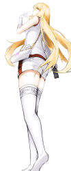 1girl absurdres ass bag bare_shoulders blonde_hair breasts closed_mouth commentary_request controller elbow_gloves from_below from_side full_body gloves gym_uniform hair_between_eyes handbag heel_up highres large_breasts legs light_smile long_hair looking_at_viewer nabeji_(wata_nb) no_shoes remote_control shirt shokuhou_misaki shorts simple_background sleeveless smile solo spider_web_print standing thighhighs thighs toaru_kagaku_no_railgun toaru_majutsu_no_index very_long_hair white_background white_gloves white_thighhighs yellow_eyes