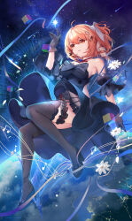 Rule 34 | 1girl, ahoge, bare shoulders, beamed eighth notes, black dress, black footwear, black thighhighs, breasts, commission, detached sleeves, dress, earth (planet), eighth note, falling petals, flower, fortissimo, full body, hair between eyes, hair ornament, high heels, highres, kita (kitairoha), medium breasts, musical note, musical note hair ornament, one side up, open mouth, orange eyes, orange hair, original, petals, planet, short hair, smile, solo, space, staff (music), thighhighs, treble clef, white flower