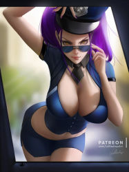 Rule 34 | 1girl, adjusting eyewear, alternate breast size, black necktie, blue shirt, blue skirt, blurry, blurry background, breasts, brown eyes, buttons, cleavage, commentary, cowboy shot, day, english commentary, eyelashes, hand on eyewear, hand on headwear, hat, large breasts, light smile, lips, lipstick, lolliedrop, long hair, looking at viewer, makeup, midriff, miniskirt, nail polish, navel, necktie, outdoors, overwatch, overwatch 1, parted lips, pencil skirt, pink lips, police, police hat, police uniform, policewoman, purple hair, purple nails, shirt, short sleeves, signature, skirt, solo, sunglasses, taut clothes, taut shirt, uniform, watermark, web address, widowmaker (overwatch)