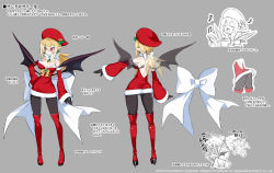 Rule 34 | alternate costume, bat wings, black legwear, blonde hair, boots, breasts, character sheet, christmas, cleavage, concept art, demon girl, disgaea, disgaea rpg, dress, embarrassed, grey background, hat, high heel boots, high heels, music, official art, pointy ears, red eyes, ribbon, rozalin, santa dress, singing, thigh boots, thighhighs, wings