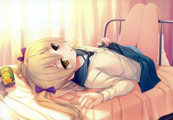 Rule 34 | absurdres, bed, blonde hair, blush, clothes lift, coffee-kizoku, cure girl, food, highres, legs, lying, nanjou rena, on back, panties, pocky, school uniform, skirt, skirt around belly, skirt lift, twintails, underwear, yellow eyes