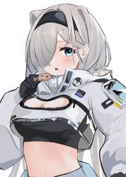 Rule 34 | 1girl, absurdres, animal ears, arknights, aurora (arknights), bad id, bad twitter id, bear ears, black hairband, black shirt, blue eyes, blush, breasts, cleavage, cleavage cutout, clothing cutout, commentary request, cookie, crop top, cropped jacket, derinhi1123, food, grey hair, hair over one eye, hairband, hand up, highres, holding, holding food, jacket, large breasts, long hair, long sleeves, looking at viewer, medium breasts, midriff, navel, parted lips, shirt, solo, stomach, upper body, very long hair, white jacket