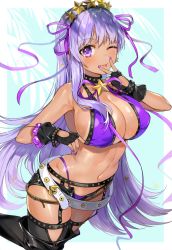 Rule 34 | 1girl, bare shoulders, bb (fate), bb (fate) (all), bb (swimsuit mooncancer) (fate), bb (swimsuit mooncancer) (second ascension) (fate), bead bracelet, beads, bikini, black garter belt, black gloves, black shorts, black thighhighs, blush, bracelet, breasts, cleavage, collarbone, cunnilingus gesture, earrings, fate/grand order, fate (series), fingerless gloves, garter belt, garter straps, gijang, gloves, hair ribbon, hand gesture, hip focus, jewelry, large breasts, long hair, looking at viewer, micro shorts, nail polish, navel, one eye closed, purple bikini, purple eyes, purple hair, purple ribbon, ribbon, short shorts, shorts, smile, solo, star (symbol), star earrings, swimsuit, tan, thighhighs, thighs, tongue, tongue out, v
