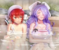 Rule 34 | 2girls, ahoge, bare shoulders, bathing, blush, breast envy, breasts, camilla (fire emblem), cleavage, closed mouth, collarbone, commentary request, closed eyes, fire emblem, fire emblem fates, fire emblem heroes, gonzarez, hair between eyes, hair ornament, hair over one eye, highres, hinoka (fire emblem), jealous, large breasts, long hair, looking at breasts, multiple girls, nintendo, onsen, parted lips, purple hair, red eyes, red hair, short hair, sitting, small breasts, teeth, towel, towel on head, water