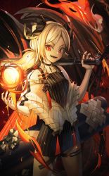 Rule 34 | 1girl, absurdres, arknights, black choker, blonde hair, choker, collarbone, commentary request, dress, fangs, fire, gun, highres, holding, holding gun, holding weapon, horns, huge filesize, ifrit (arknights), ildy, long hair, looking at viewer, nail polish, orange eyes, parted bangs, red nails, smile, solo, twintails, weapon, yellow nails