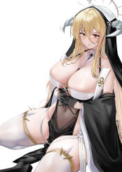 Rule 34 | 1girl, absurdres, artist name, azur lane, between breasts, black gloves, blonde hair, breast cutout, breasts, cleavage, covered navel, fake horns, gloves, habit, half gloves, halo, highres, horns, implacable (azur lane), interlocked fingers, irkawaza, large breasts, long bangs, long hair, nun, own hands together, pelvic curtain, red eyes, revealing clothes, seiza, sitting, smile, thighhighs, two-tone dress, veil, very long hair, white background, white horns, white thighhighs