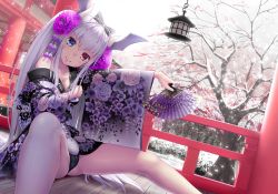 Rule 34 | 10s, 1girl, akano murasaki, ange vierge, architecture, bare shoulders, black bow, blue eyes, bow, breast hold, breasts, bridge, chain, cleavage, closed mouth, collarbone, day, demon wings, dutch angle, east asian architecture, floral print, flower, folding fan, furisode, grey hair, hair bow, hair flower, hair ornament, hair ribbon, hand fan, hand on breast, head tilt, head wings, heterochromia, holding, holding fan, horns, japanese clothes, kanzashi, kimono, lantern, long hair, long sleeves, looking at viewer, medium breasts, obi, off shoulder, original, outdoors, panties, petals, print kimono, purple flower, railing, red eyes, ribbon, sash, short kimono, sitting, sky, smile, solo, spread legs, tree, two side up, underwear, very long hair, white hair, wide sleeves, wings