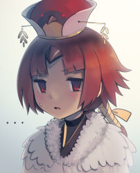 Rule 34 | ..., 1girl, benienma (fate), bird hat, blush, boa (brianoa), commentary, english commentary, fate/grand order, fate (series), hat, highres, jitome, long hair, looking at viewer, parted lips, portrait, red eyes, red hair, red hat, solo, sweat