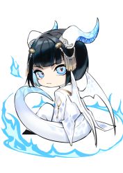Rule 34 | 1boy, adapted costume, black hair, blue eyes, blue fire, blunt bangs, bruno bucciarati, chibi, closed mouth, colored inner hair, commentary, dragon boy, dragon horns, dragon tail, dragon wings, fire, full body, hair ornament, horns, jojo no kimyou na bouken, kemonomimi mode, long sleeves, looking at viewer, looking back, male focus, multicolored hair, short hair, simple background, sitting, solo, symbol-only commentary, tail, tiyi (tiyi a09), two-tone hair, vento aureo, white background, white horns, white tail, white wings, wings