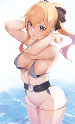 Rule 34 | 1girl, absurdres, areola slip, bare arms, bare shoulders, bikini, black bow, blonde hair, blue bikini, blue eyes, blush, bow, breasts, commentary request, cowboy shot, duplicate, genshin impact, hair between eyes, hair bow, haneramu, highres, jean (genshin impact), jean (sea breeze dandelion) (genshin impact), large breasts, long hair, looking at viewer, parted lips, pixel-perfect duplicate, ponytail, solo, standing, swimsuit, thighs, water, white background