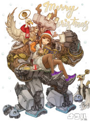 Rule 34 | 1girl, absurdres, animal, antlers, bird, book, cake, christmas, cup, food, fruit, glasses, hat, highres, holding, holding book, holding kettle, holding plate, horns, jacket, kettle, nasaru, open book, open mouth, original, pantyhose, plate, purple pantyhose, red scarf, robot, santa hat, scarf, sitting, skull, smile, snowing, spiked jacket, spikes, strawberry, sweater, teeth, upper teeth only, yellow sweater