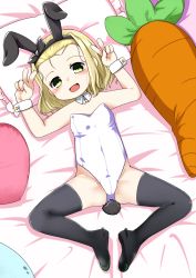 Rule 34 | 1girl, animal ears, arms up, bare shoulders, bed, black thighhighs, blonde hair, carrot, detached collar, double v, fake animal ears, forehead, green eyes, groin, highleg, highleg leotard, highres, kantai collection, legs, leotard, luigi torelli (kancolle), lying, nassukun, on back, open mouth, pillow, playboy bunny, rabbit ears, rabbit tail, short hair, smile, solo, strapless, strapless leotard, stuffed toy, tail, thighhighs, thighs, v, white leotard, wrist cuffs