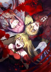 Rule 34 | 1boy, 2girls, akita neru, banica conchita, banica conchita (cosplay), bare shoulders, blonde hair, blood, blood on face, blood on hands, blood splatter, blue eyes, blunt bangs, bow, bowtie, choker, collarbone, cosplay, crazy eyes, crying, crying with eyes open, detached sleeves, dress, evillious nendaiki, facepaint, frilled cuffs, full moon, gobanme no pierrot (vocaloid), hair between eyes, hat, highres, irina clockworker, jacket, jester, jester cap, kagamine len, kneeling, laughing, lemy abelard, long hair, looking up, ma survival (vocaloid), moon, multiple girls, nekomura iroha, ney phutapie, night, night sky, open mouth, outstretched hand, pink blood, pink hair, ponytail, reaching, reaching towards viewer, red bow, red bowtie, red dress, red jacket, shinon no tokeitou (vocaloid), side ponytail, sky, slit pupils, streaming tears, tears, very long hair, vocaloid, warabi (danngo-mitarasi), yellow eyes