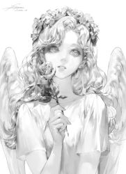 Rule 34 | 1girl, angel, dated, dress, earrings, flower, greyscale, head wreath, highres, holding, holding flower, jewelry, long hair, monochrome, original, parted lips, short sleeves, signature, simple background, solo, teeth, vlfdus 0, white background, wings