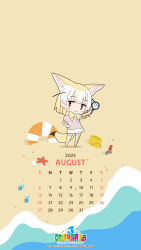 Rule 34 | 1girl, animal ears, beach, calendar, chinese text, copyright notice, extra ears, fennec (kemono friends), highres, innertube, kemono friends, kemono friends 3, kurokw, looking at viewer, ocean, official art, sandals, solo, summer, swim ring, tail, unworn sandals