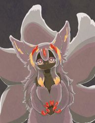 Rule 34 | .png (artist), 1girl, animal ears, claws, dark skin, extra arms, faputa, fewer digits, highres, looking at viewer, made in abyss, monster girl, multiple tails, solo, standing, straight-on, tail, very dark skin, white fur