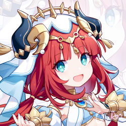 Rule 34 | 1girl, :d, aqua eyes, blue nails, bright pupils, brooch, circlet, crop top, detached sleeves, genshin impact, gold trim, horns, jewelry, long hair, long sleeves, looking at viewer, nail polish, neck ring, nilou (genshin impact), open mouth, outstretched hand, puffy long sleeves, puffy sleeves, quan (kurisu tina), red hair, signature, simple background, smile, solo, twintails, upper body, veil, white background, white headwear, white pupils, zoom layer