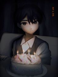 Rule 34 | 1boy, birthday cake, black eyes, black hair, black sweater, cake, closed mouth, collared shirt, expressionless, food, highres, indoors, looking at viewer, omori, shirt, short sleeves, sitting, solo, sunny (omori), sweater, thxzmgn, upper body, white shirt