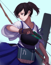 Rule 34 | 10s, 1girl, armor, arrow (projectile), bow, breastplate, brown eyes, brown gloves, brown hair, flight deck, gloves, highres, kaga (kancolle), kantai collection, md5 mismatch, nose, resolution mismatch, revision, shirt, side ponytail, simple background, skirt, sola7764, solo, source larger, wide sleeves