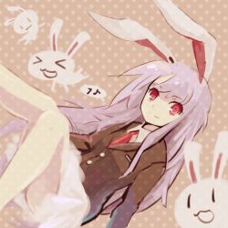 Rule 34 | &gt; &lt;, 1girl, animal ears, blazer, closed eyes, inaba mob (touhou), jacket, kudonaoto, long hair, musical note, necktie, purple hair, rabbit, rabbit ears, red eyes, red necktie, reisen udongein inaba, smile, solo, touhou