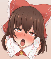 Rule 34 | 1girl, ascot, bare shoulders, blush, bow, breasts, brown hair, commentary request, cropped torso, detached sleeves, frilled bow, frilled shirt collar, frills, hair bow, hakurei reimu, half-closed eyes, head tilt, long hair, looking at viewer, nose blush, open mouth, red bow, red eyes, red shirt, sexually suggestive, shirt, simple background, sleeveless, sleeveless shirt, small breasts, solo, sound effects, sweat, teeth, tongue, tongue out, touhou, translation request, vanishingknife, white sleeves, yellow ascot