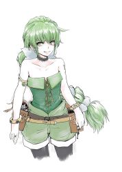 Rule 34 | 1girl, bare shoulders, belt, bug, butterfly, closed mouth, collarbone, fuluyano, green eyes, green hair, hair ribbon, highres, insect, jewelry, key, pantyhose under shorts, long hair, looking at viewer, pantyhose, ponytail, ribbon, ring, saga, saga frontier 2, shirt, shorts, simple background, smile, solo, strapless, strapless shirt, very long hair, virginia knights, white background
