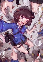 Rule 34 | 10s, 1girl, :d, absurdres, akiyama yukari, bag, bc freedom (emblem), bc freedom school uniform, black footwear, black legwear, black skirt, blue neckwear, blue sweater, blurry, blurry foreground, brown eyes, brown hair, card, cardigan, character doll, charm (object), day, depth of field, diagonal stripes, dirty, dirty clothes, dog tags, dress shirt, emblem, english text, explosive, eyebrows, folding fan, footprints, foreshortening, from above, girls und panzer, grenade, hand fan, handbag, highres, huira444, korean commentary, leaf, loafers, long sleeves, looking at viewer, loose necktie, lying, messy hair, miniskirt, necktie, nishizumi miho, on back, on ground, open mouth, outdoors, paper, pleated skirt, pointing, purple neckwear, reaching, reaching towards viewer, recording, rotated, school uniform, selfie, shadow, shirt, shoes, short hair, skirt, smile, socks, solo focus, sparkle, stone floor, striped neckwear, sweater, timestamp, torn clothes, twitter username, v, viewfinder, white shirt, wing collar