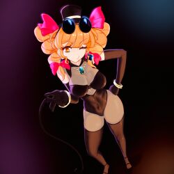 Rule 34 | 1girl, absurdres, black gloves, black thighhighs, blonde hair, drill hair, elbow gloves, eyewear on head, from above, gloves, hat, highres, jewelry, mini hat, mini top hat, necklace, one eye closed, orange eyes, ramnik5, revealing clothes, smile, solo, thighhighs, top hat, touhou, twin drills, yorigami jo&#039;on
