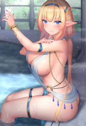 Rule 34 | 1girl, armlet, bangle, bare arms, bare shoulders, blonde hair, blue eyes, blue hairband, blunt bangs, bracelet, breasts, closed mouth, elf, fingernails, gold trim, hair ornament, hairband, highres, jewelry, large breasts, long hair, looking at viewer, low ponytail, low twintails, mizuya nao, nail polish, o-ring, original, pointy ears, pool, red nails, revealing clothes, sidelocks, sitting, smile, solo, thigh strap, thighs, twintails, water, wet
