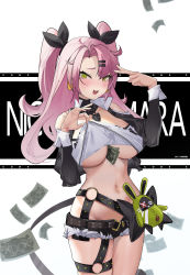Rule 34 | 1girl, absurdres, banknote, bills, bow, breasts, character name, commentary request, crop top, green eyes, hair bow, heart, highres, large breasts, long hair, looking at viewer, mole, mole on breast, mole under eye, money, nicole demara, pink hair, short shorts, shorts, shulanshu, solo, thighhighs, twintails, zenless zone zero