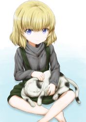 Rule 34 | 1girl, absurdres, animal, black shirt, blonde hair, blue background, blue eyes, breasts, casual, cat, closed mouth, girls und panzer, gradient background, green skirt, high-waist skirt, highres, holding, holding animal, indian style, katyusha (girls und panzer), looking at viewer, medium breasts, petting, shibagami, shirt, short hair, sitting, skirt, smile, solo, suspender skirt, suspenders, turtleneck